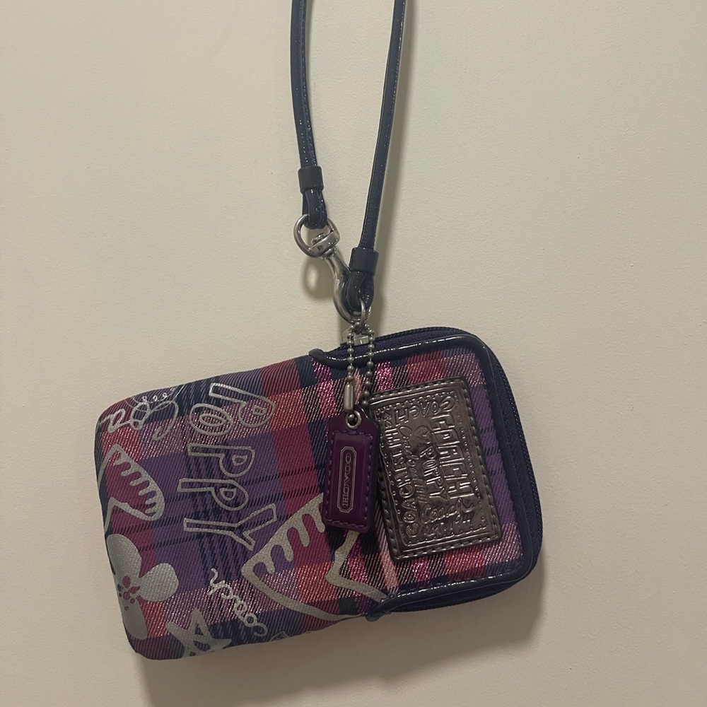 Coach Purple & Pink Plaid Wristlet Clutch